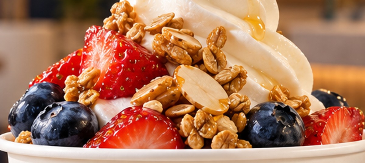 Close-up of berries and golden crunchy toppings in the supplied concept photograph