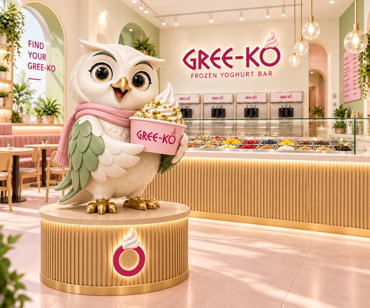 Ko the friendly GREE-KO owl in a pink scarf, holding a yoghurt cup