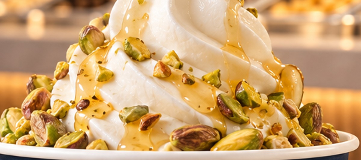 Close-up of pistachio-inspired toppings on a yoghurt swirl
