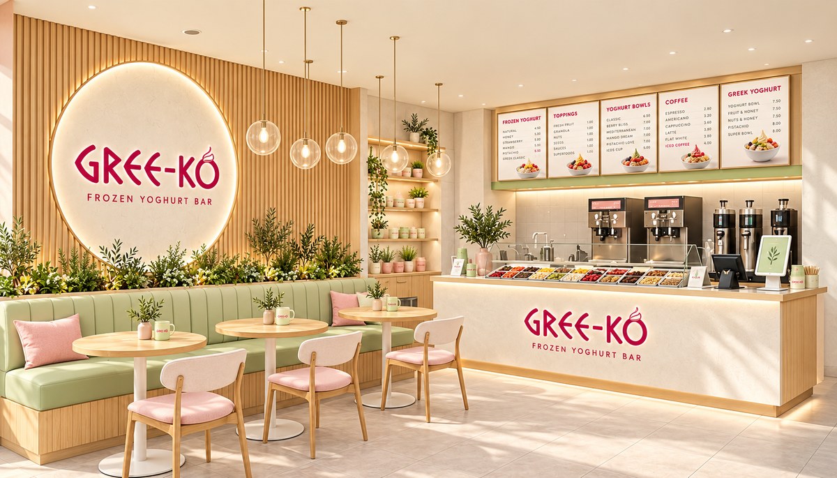 Illustrative GREE-KO lounge with natural wood tables and pistachio seating