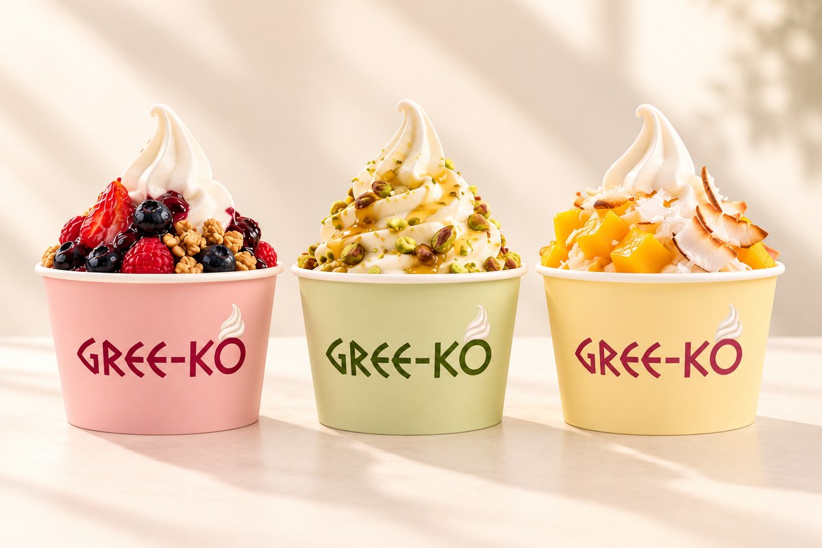 Three GREE-KO concept cups: berry, pistachio-inspired and tropical-inspired