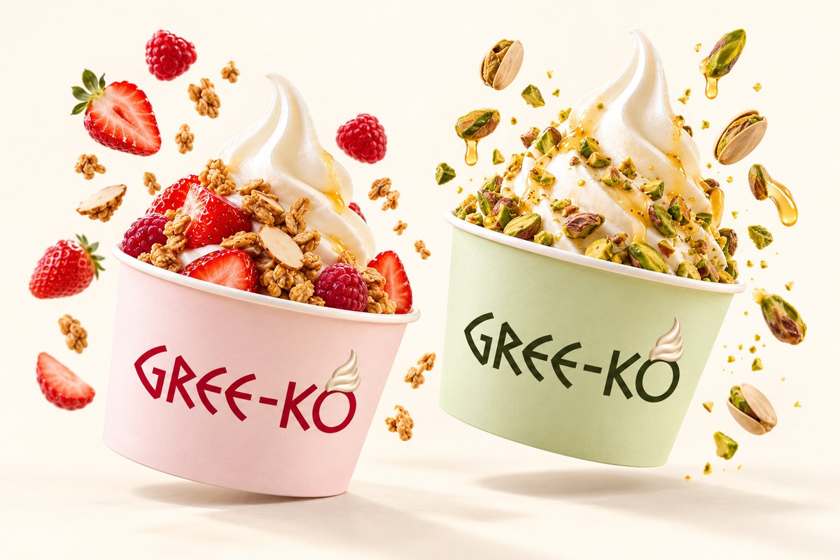 Two GREE-KO yoghurt cups with berry and pistachio-inspired toppings